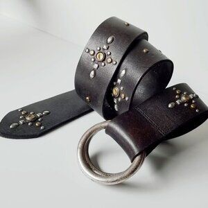 Lucky Brand Boho Studded Mixed Gold Silver Tone Brown Leather Belt 28" Length